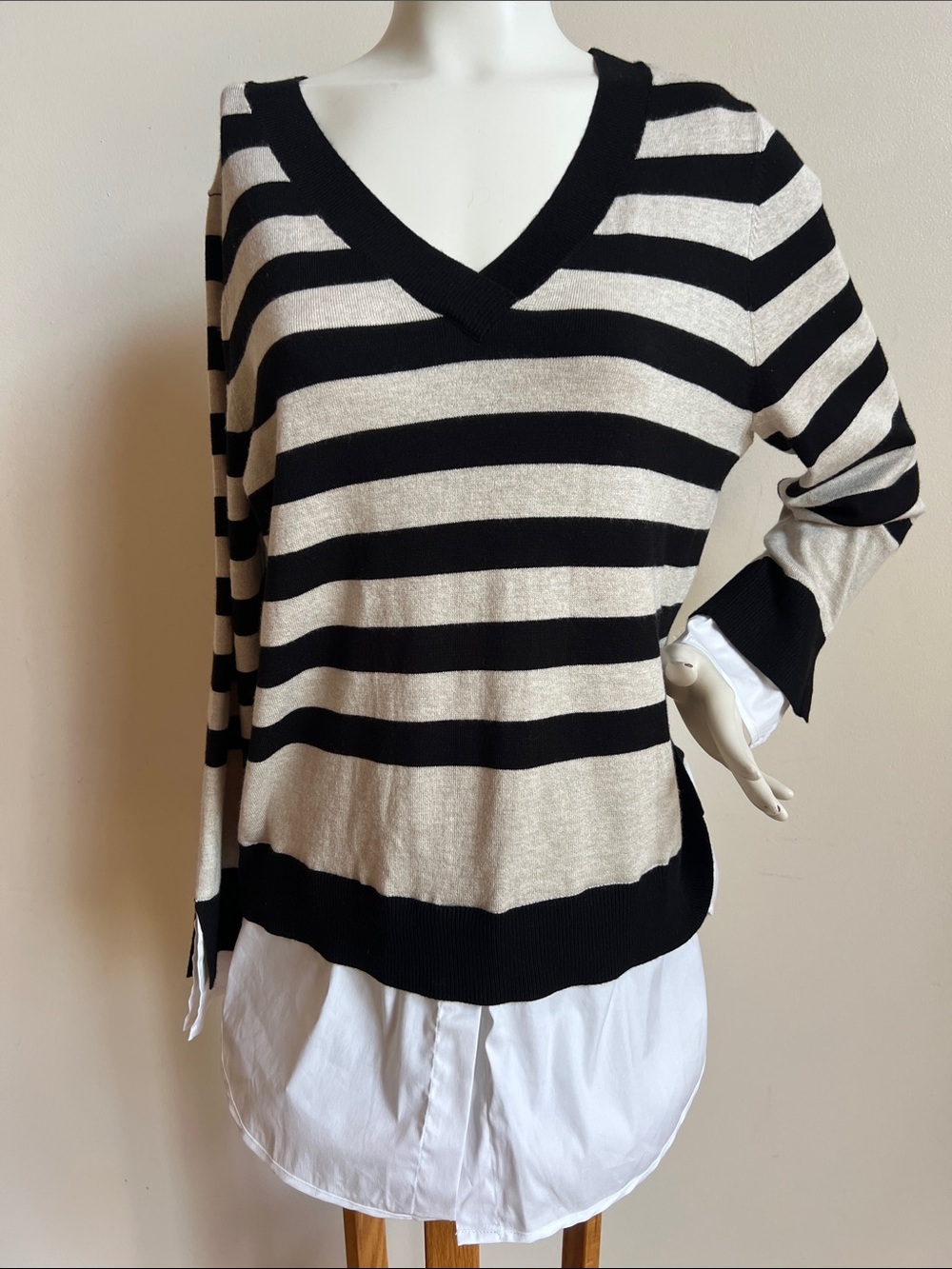 Chico's layered Black and Cream Striped V-Neck Sweater with white sleeve and hem